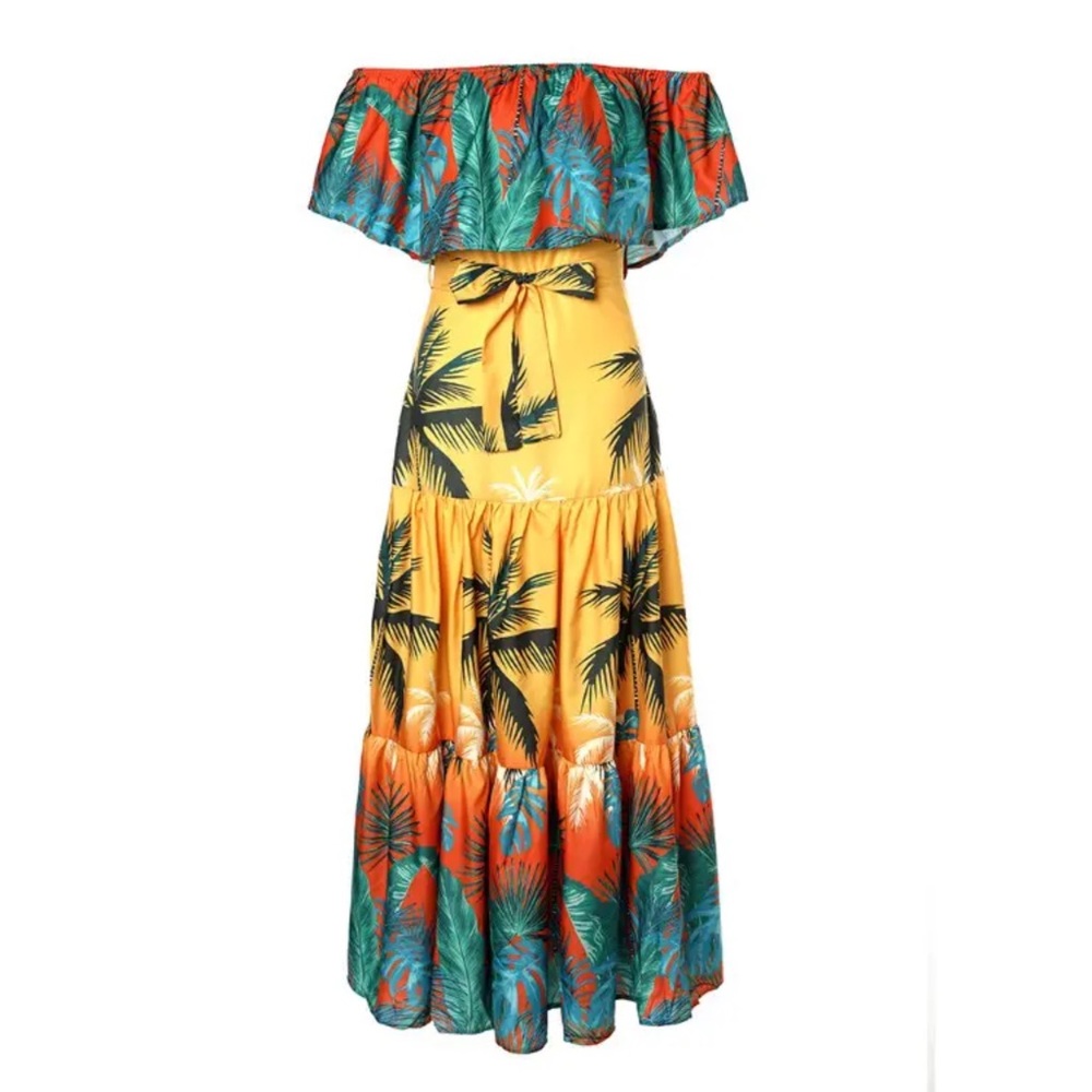 Chicme Off Shoulder Tropical Print Ruffles Maxi Dress With Belt - Picture 2 of 5